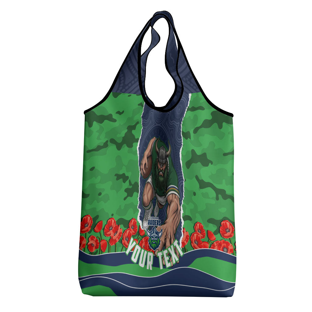 Personalized Canberra Raiders ANZAC Tribute Grocery Bag Poppy Field Soldier Silhouette Aboriginal Rugby Mascot