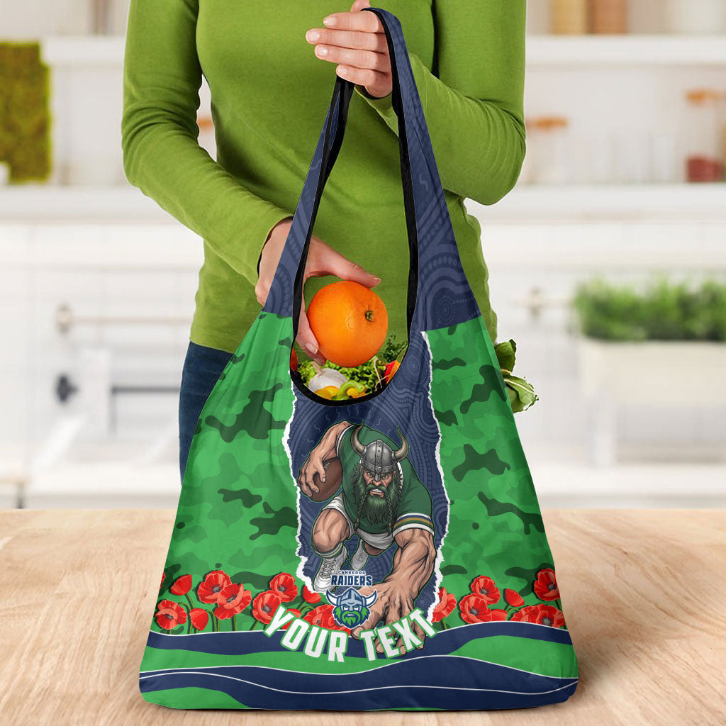 Personalized Canberra Raiders ANZAC Tribute Grocery Bag Poppy Field Soldier Silhouette Aboriginal Rugby Mascot