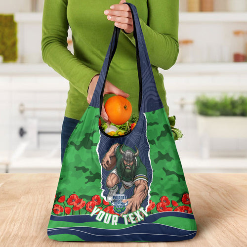 Personalized Canberra Raiders ANZAC Tribute Grocery Bag Poppy Field Soldier Silhouette Aboriginal Rugby Mascot