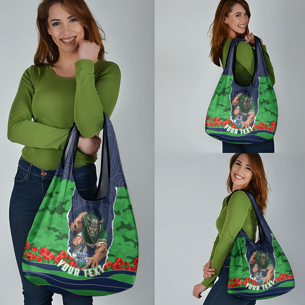 Personalized Canberra Raiders ANZAC Tribute Grocery Bag Poppy Field Soldier Silhouette Aboriginal Rugby Mascot
