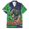 Personalized Canberra Raiders ANZAC Tribute Hawaiian Shirt Poppy Field Soldier Silhouette Aboriginal Rugby Mascot