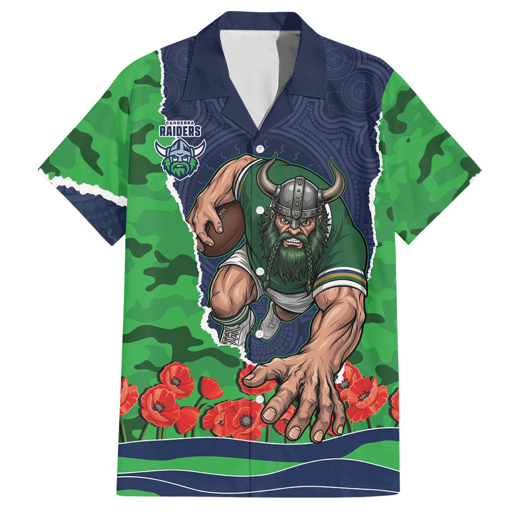 Personalized Canberra Raiders ANZAC Tribute Hawaiian Shirt Poppy Field Soldier Silhouette Aboriginal Rugby Mascot