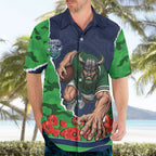 Personalized Canberra Raiders ANZAC Tribute Hawaiian Shirt Poppy Field Soldier Silhouette Aboriginal Rugby Mascot