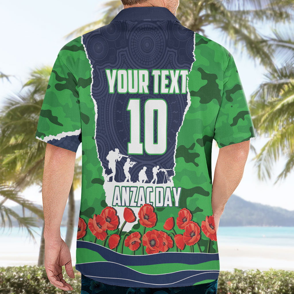 Personalized Canberra Raiders ANZAC Tribute Hawaiian Shirt Poppy Field Soldier Silhouette Aboriginal Rugby Mascot