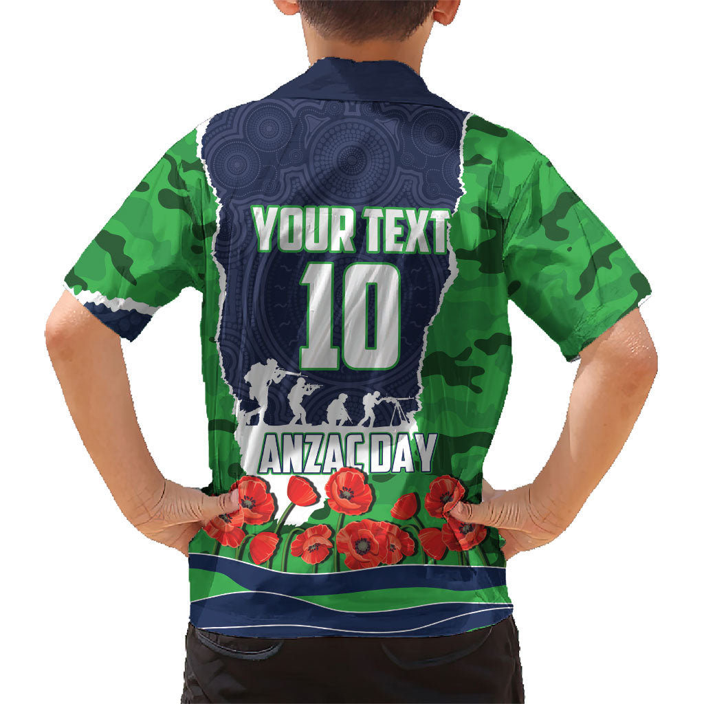 Personalized Canberra Raiders ANZAC Tribute Hawaiian Shirt Poppy Field Soldier Silhouette Aboriginal Rugby Mascot