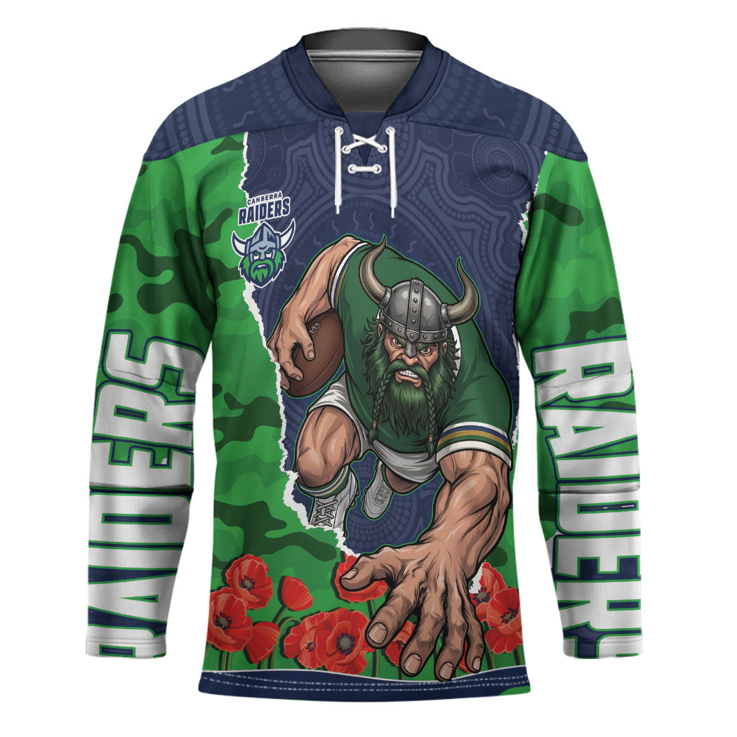 Personalized Canberra Raiders ANZAC Tribute Hockey Jersey Poppy Field Soldier Silhouette Aboriginal Rugby Mascot