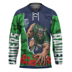 Personalized Canberra Raiders ANZAC Tribute Hockey Jersey Poppy Field Soldier Silhouette Aboriginal Rugby Mascot