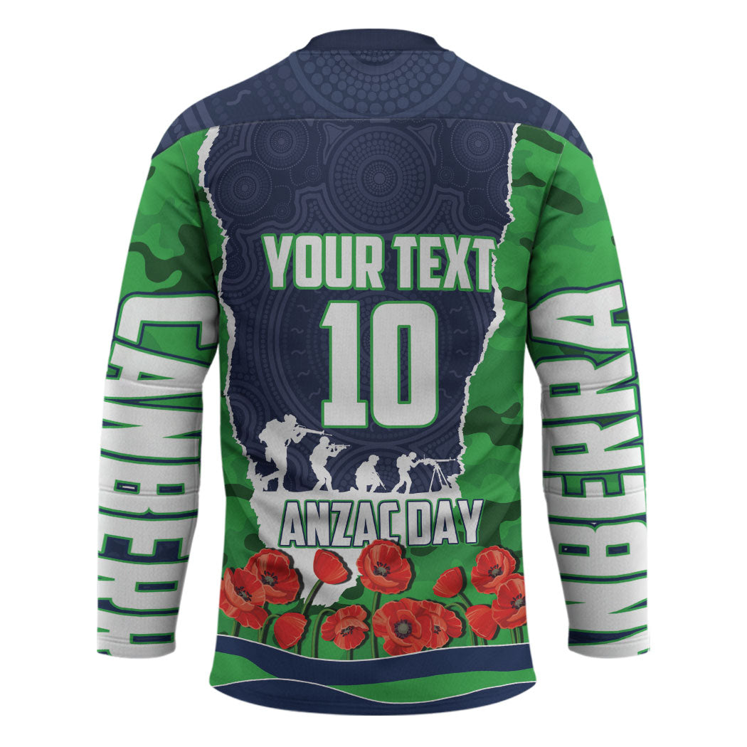 Personalized Canberra Raiders ANZAC Tribute Hockey Jersey Poppy Field Soldier Silhouette Aboriginal Rugby Mascot