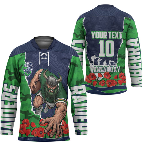 Personalized Canberra Raiders ANZAC Tribute Hockey Jersey Poppy Field Soldier Silhouette Aboriginal Rugby Mascot