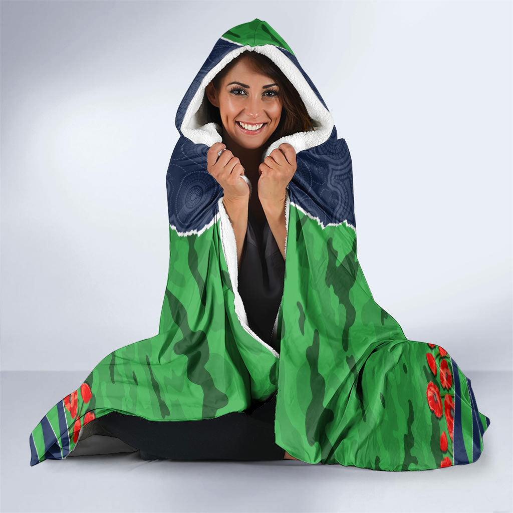 Personalized Canberra Raiders ANZAC Tribute Hooded Blanket Poppy Field Soldier Silhouette Aboriginal Rugby Mascot