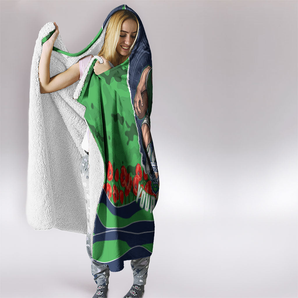 Personalized Canberra Raiders ANZAC Tribute Hooded Blanket Poppy Field Soldier Silhouette Aboriginal Rugby Mascot