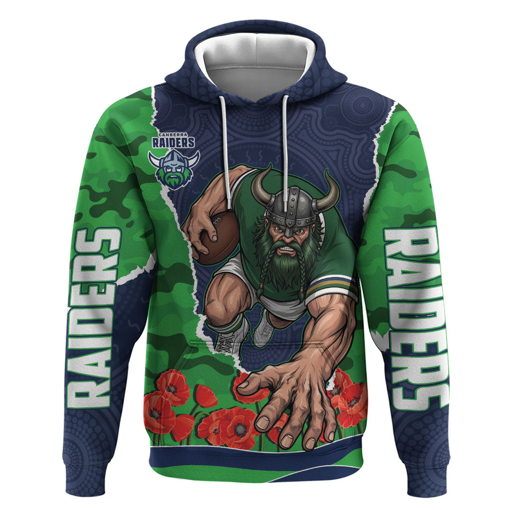 Personalized Canberra Raiders ANZAC Tribute Hoodie Poppy Field Soldier Silhouette Aboriginal Rugby Mascot