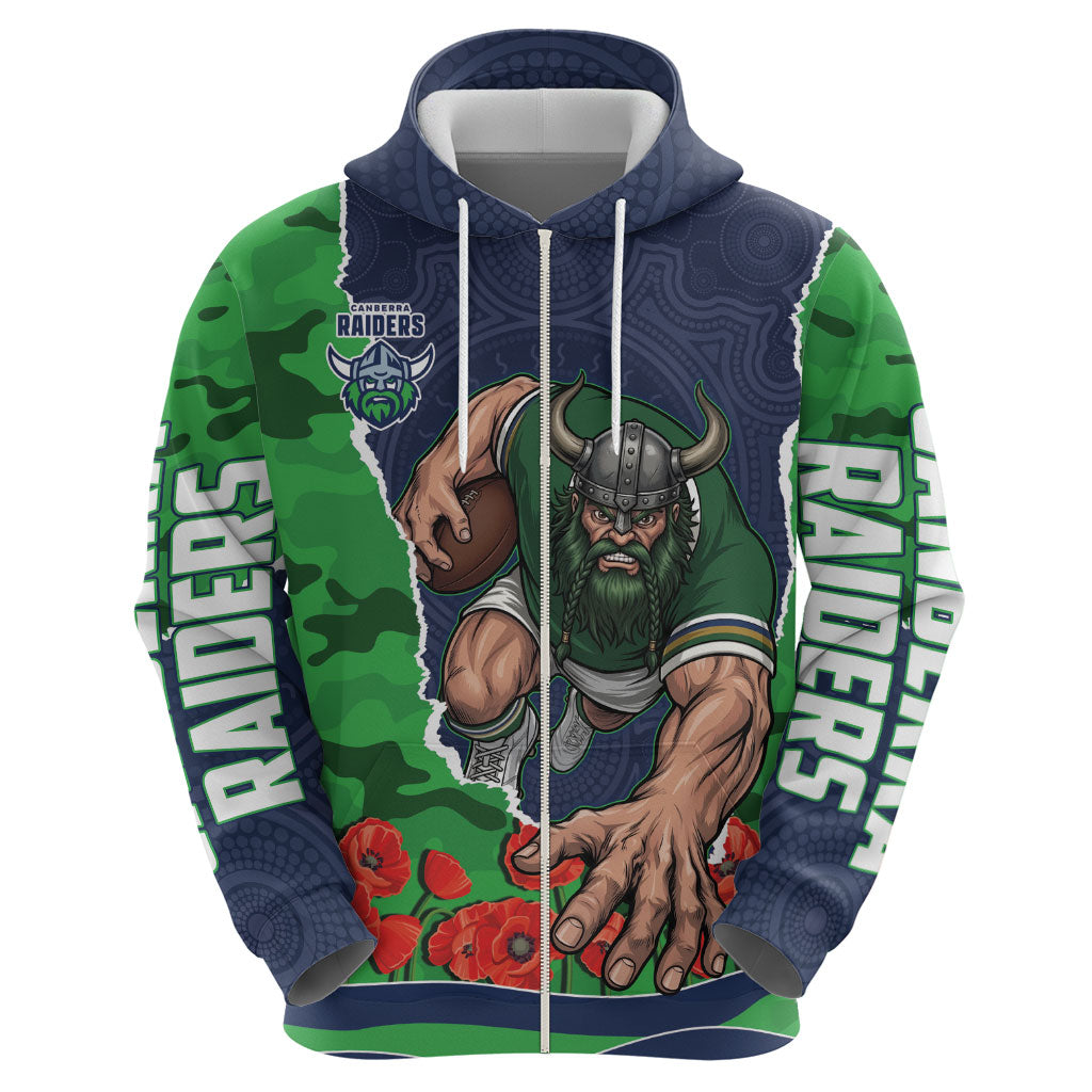 Personalized Canberra Raiders ANZAC Tribute Hoodie Poppy Field Soldier Silhouette Aboriginal Rugby Mascot