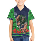 Personalized Canberra Raiders ANZAC Tribute Kid Hawaiian Shirt Poppy Field Soldier Silhouette Aboriginal Rugby Mascot