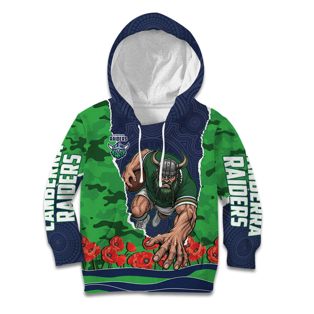 Personalized Canberra Raiders ANZAC Tribute Kid Hoodie Poppy Field Soldier Silhouette Aboriginal Rugby Mascot
