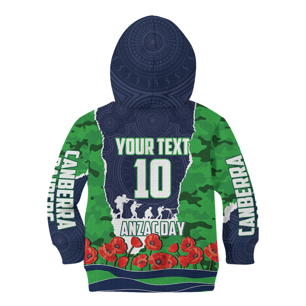 Personalized Canberra Raiders ANZAC Tribute Kid Hoodie Poppy Field Soldier Silhouette Aboriginal Rugby Mascot