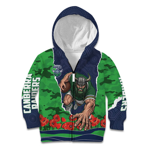 Personalized Canberra Raiders ANZAC Tribute Kid Hoodie Poppy Field Soldier Silhouette Aboriginal Rugby Mascot