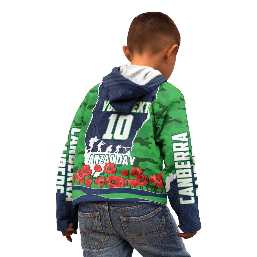 Personalized Canberra Raiders ANZAC Tribute Kid Hoodie Poppy Field Soldier Silhouette Aboriginal Rugby Mascot