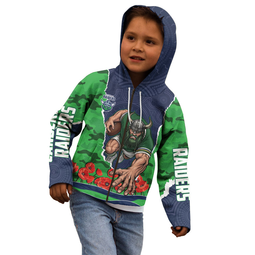 Personalized Canberra Raiders ANZAC Tribute Kid Hoodie Poppy Field Soldier Silhouette Aboriginal Rugby Mascot
