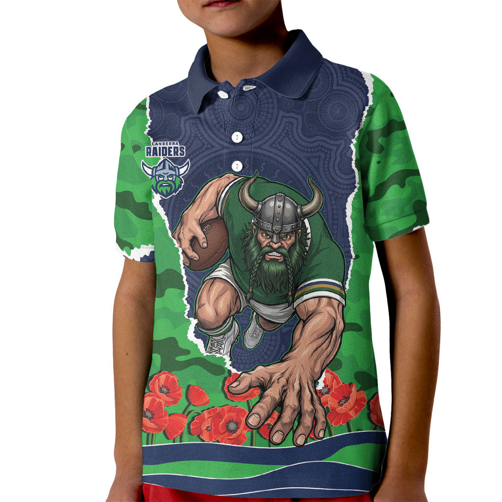 Personalized Canberra Raiders ANZAC Tribute Kid Polo Shirt Poppy Field Soldier Silhouette Aboriginal Rugby Mascot