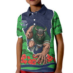 Personalized Canberra Raiders ANZAC Tribute Kid Polo Shirt Poppy Field Soldier Silhouette Aboriginal Rugby Mascot