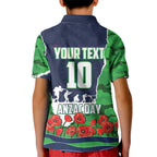 Personalized Canberra Raiders ANZAC Tribute Kid Polo Shirt Poppy Field Soldier Silhouette Aboriginal Rugby Mascot