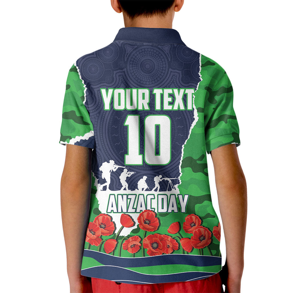 Personalized Canberra Raiders ANZAC Tribute Kid Polo Shirt Poppy Field Soldier Silhouette Aboriginal Rugby Mascot