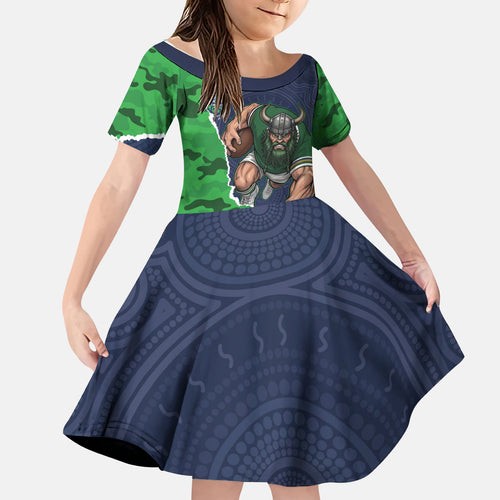 Personalized Canberra Raiders ANZAC Tribute Kid Short Sleeve Dress Poppy Field Soldier Silhouette Aboriginal Rugby Mascot