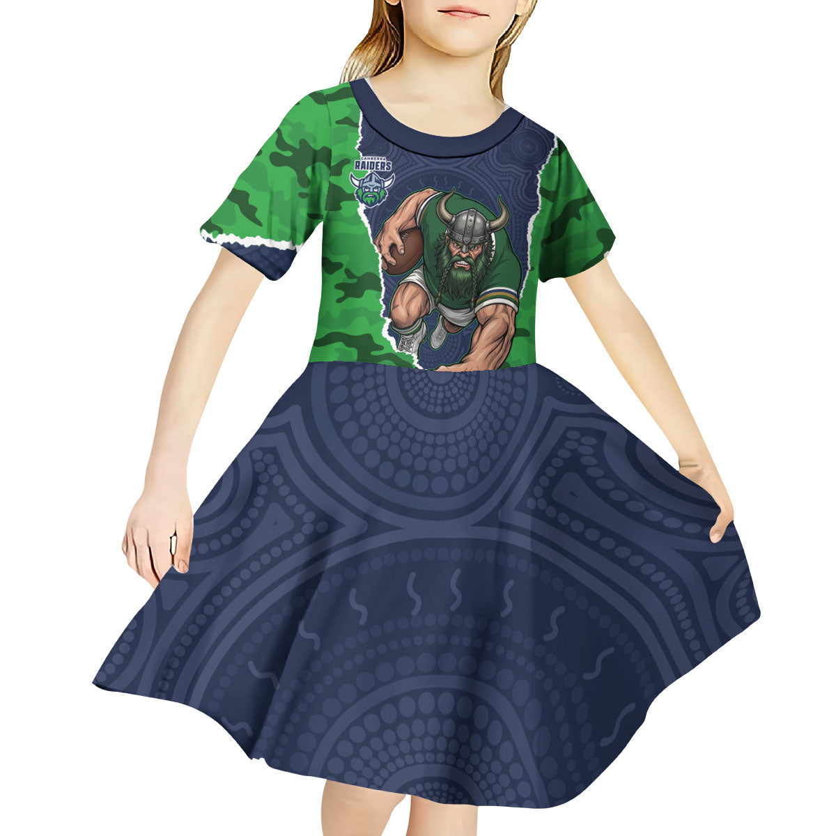 Personalized Canberra Raiders ANZAC Tribute Kid Short Sleeve Dress Poppy Field Soldier Silhouette Aboriginal Rugby Mascot