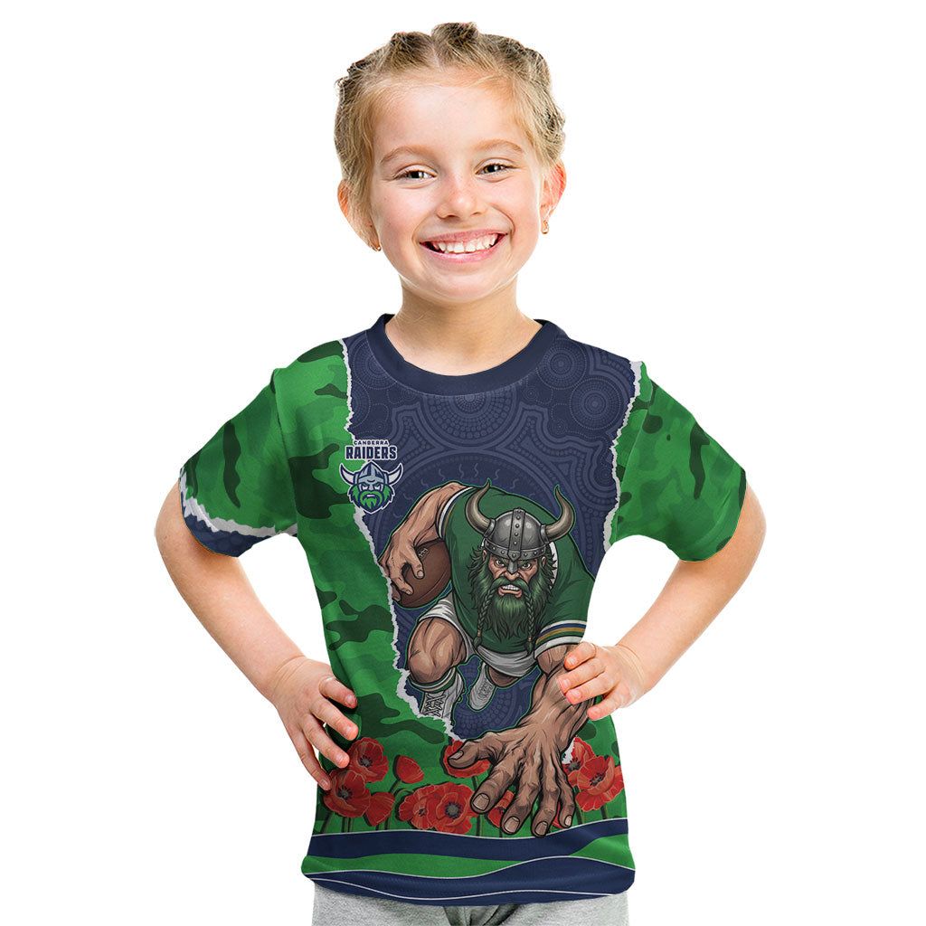 Personalized Canberra Raiders ANZAC Tribute Kid T Shirt Poppy Field Soldier Silhouette Aboriginal Rugby Mascot