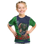 Personalized Canberra Raiders ANZAC Tribute Kid T Shirt Poppy Field Soldier Silhouette Aboriginal Rugby Mascot