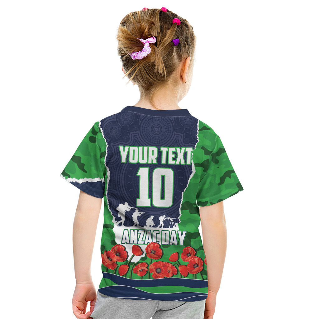 Personalized Canberra Raiders ANZAC Tribute Kid T Shirt Poppy Field Soldier Silhouette Aboriginal Rugby Mascot