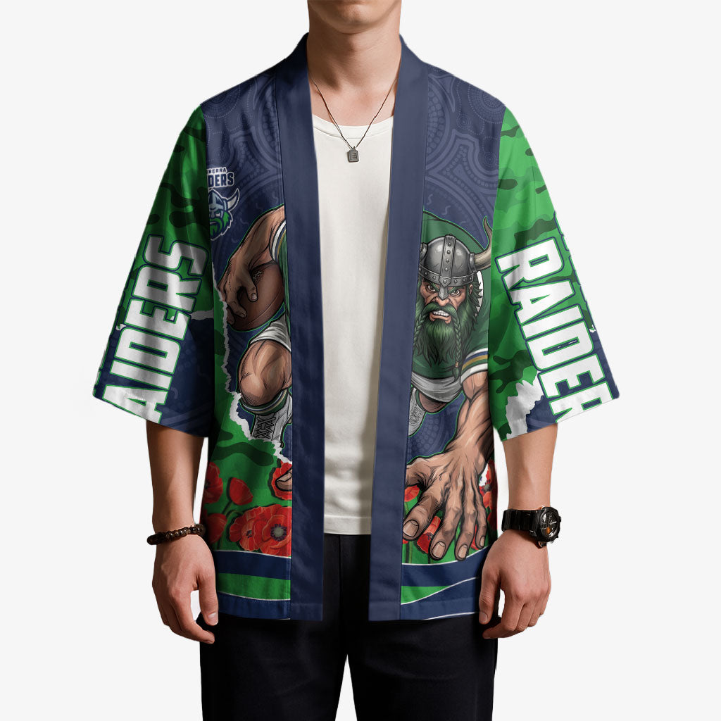 Personalized Canberra Raiders ANZAC Tribute Kimono Poppy Field Soldier Silhouette Aboriginal Rugby Mascot