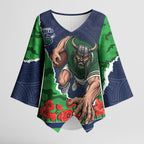 Personalized Canberra Raiders ANZAC Tribute Kimono Sleeve Blouse Poppy Field Soldier Silhouette Aboriginal Rugby Mascot
