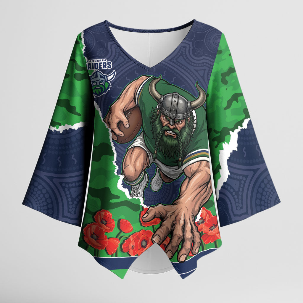 Personalized Canberra Raiders ANZAC Tribute Kimono Sleeve Blouse Poppy Field Soldier Silhouette Aboriginal Rugby Mascot