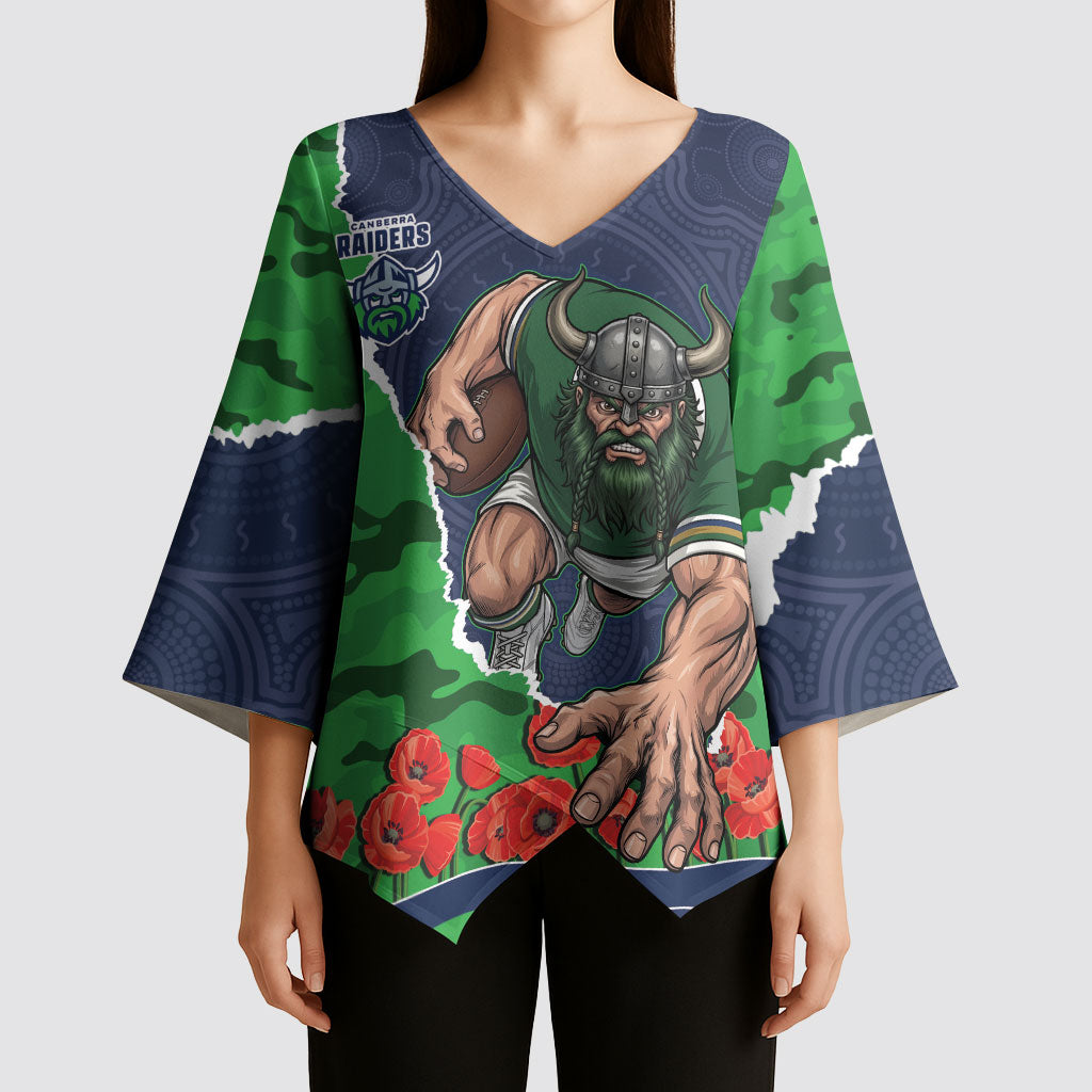 Personalized Canberra Raiders ANZAC Tribute Kimono Sleeve Blouse Poppy Field Soldier Silhouette Aboriginal Rugby Mascot