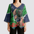 Personalized Canberra Raiders ANZAC Tribute Kimono Sleeve Blouse Poppy Field Soldier Silhouette Aboriginal Rugby Mascot