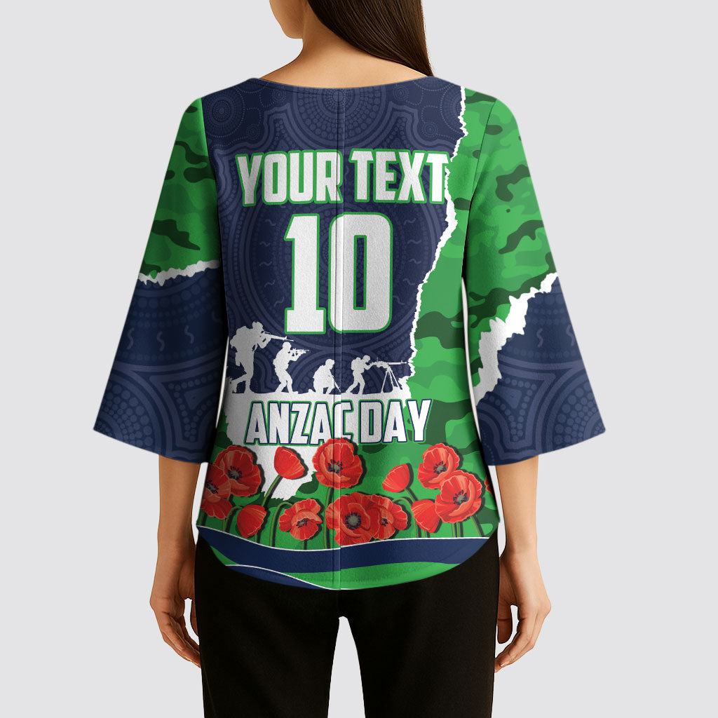 Personalized Canberra Raiders ANZAC Tribute Kimono Sleeve Blouse Poppy Field Soldier Silhouette Aboriginal Rugby Mascot