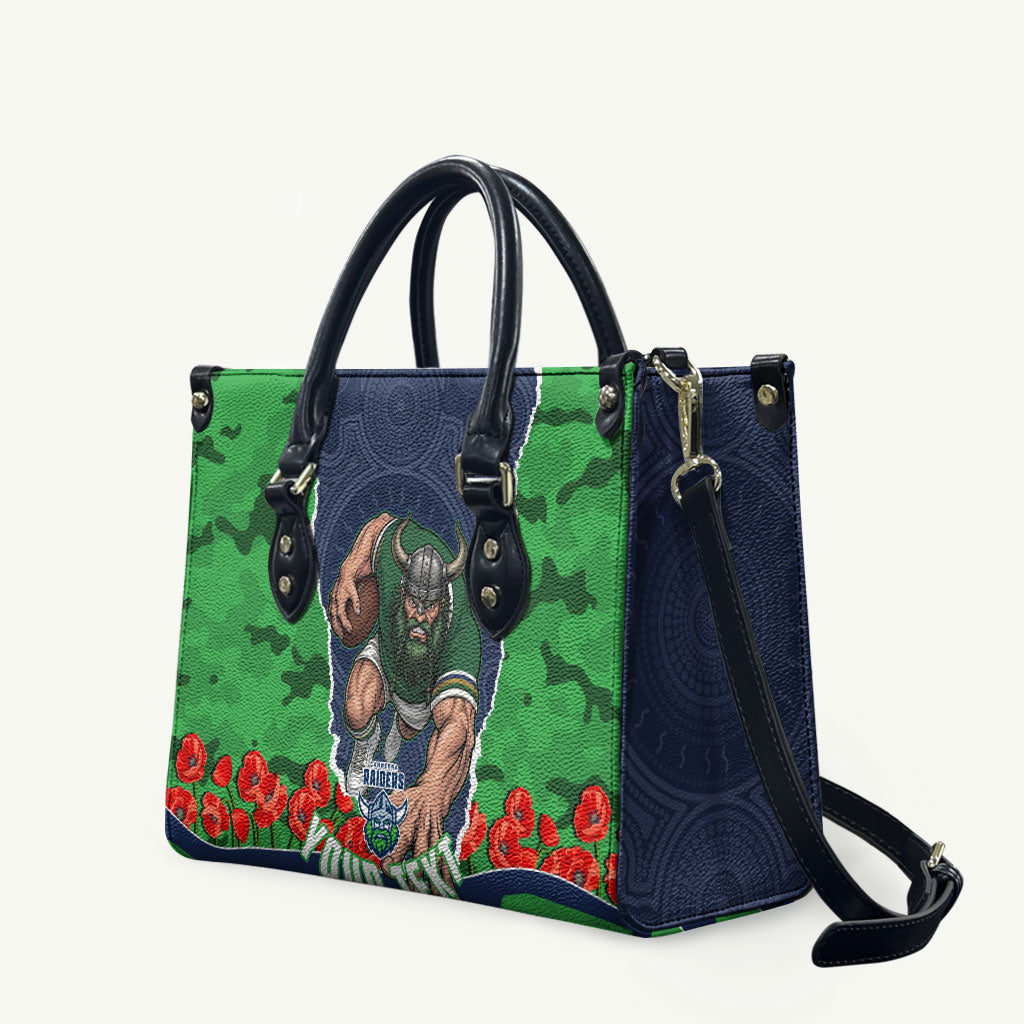 Personalized Canberra Raiders ANZAC Tribute Leather Bag Poppy Field Soldier Silhouette Aboriginal Rugby Mascot
