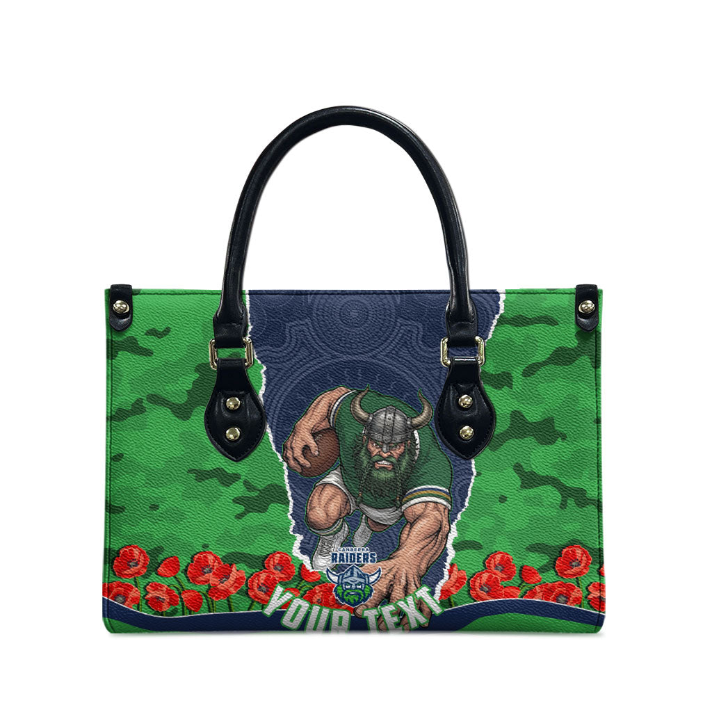 Personalized Canberra Raiders ANZAC Tribute Leather Bag Poppy Field Soldier Silhouette Aboriginal Rugby Mascot