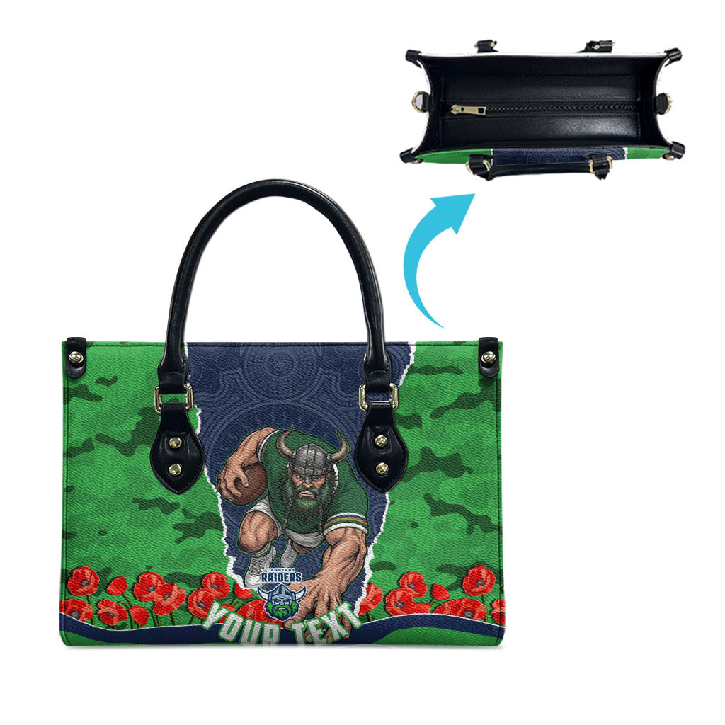 Personalized Canberra Raiders ANZAC Tribute Leather Bag Poppy Field Soldier Silhouette Aboriginal Rugby Mascot