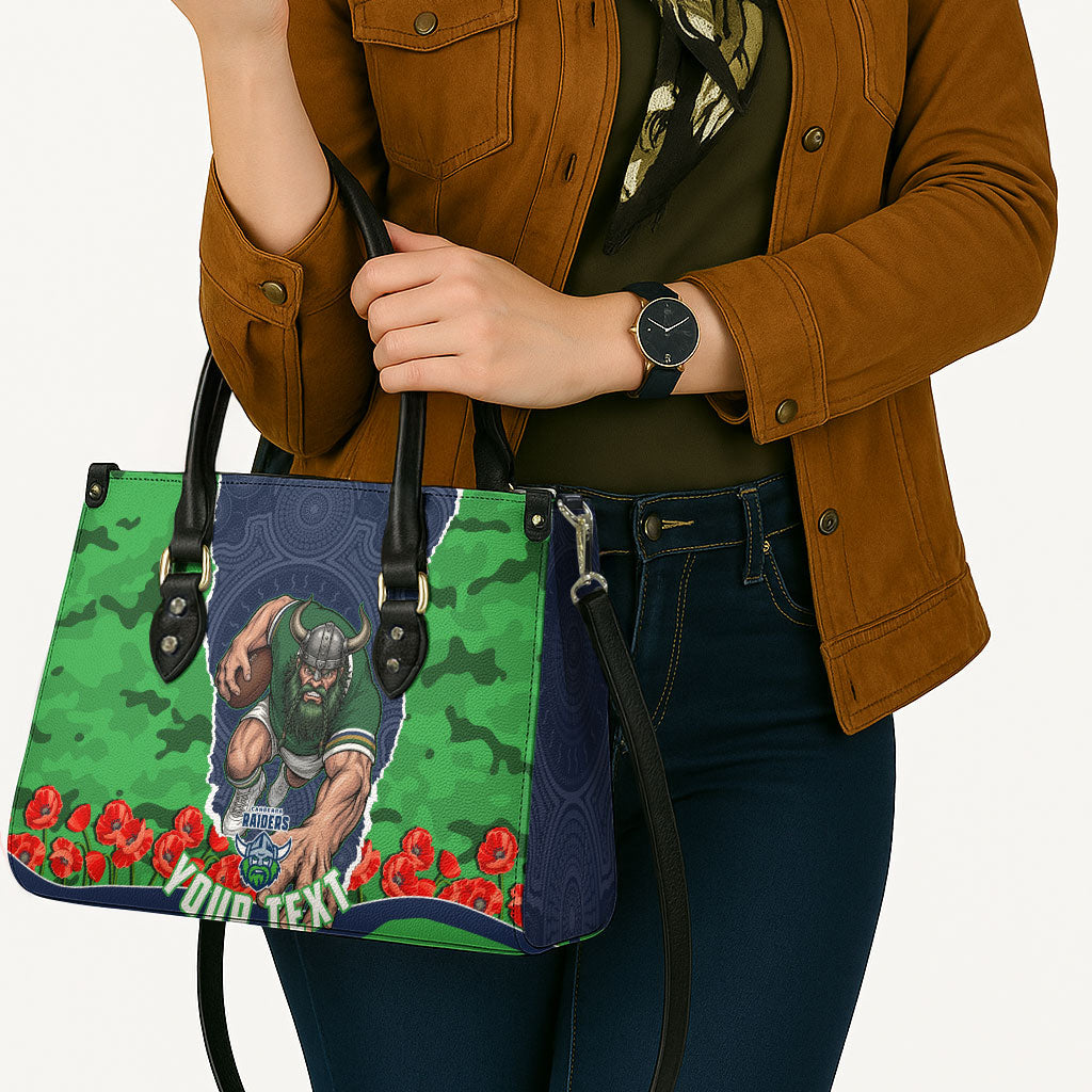 Personalized Canberra Raiders ANZAC Tribute Leather Bag Poppy Field Soldier Silhouette Aboriginal Rugby Mascot