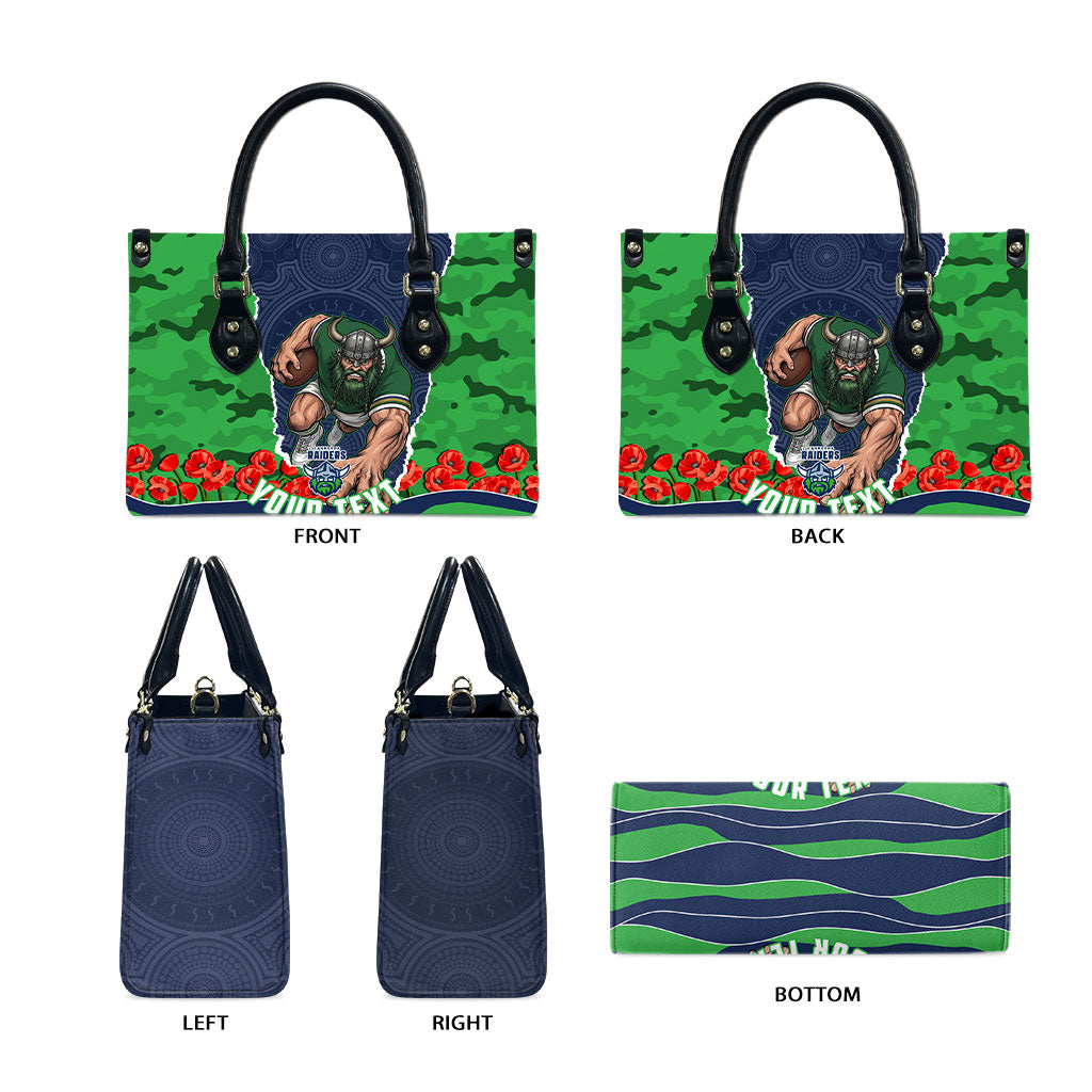 Personalized Canberra Raiders ANZAC Tribute Leather Bag Poppy Field Soldier Silhouette Aboriginal Rugby Mascot