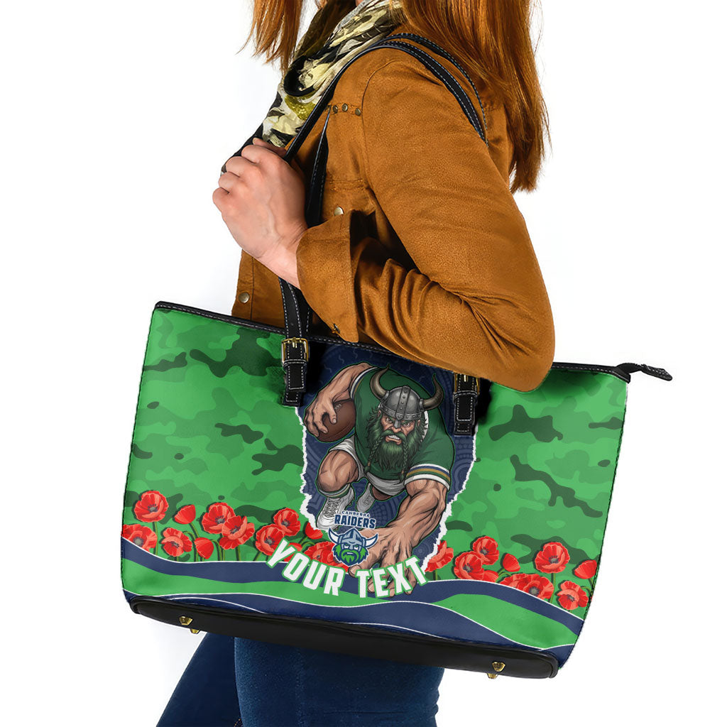 Personalized Canberra Raiders ANZAC Tribute Leather Tote Bag Poppy Field Soldier Silhouette Aboriginal Rugby Mascot