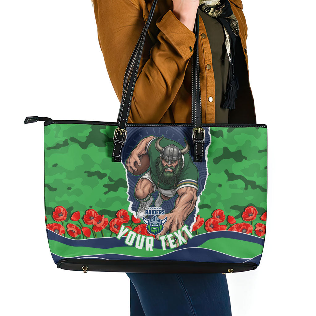 Personalized Canberra Raiders ANZAC Tribute Leather Tote Bag Poppy Field Soldier Silhouette Aboriginal Rugby Mascot