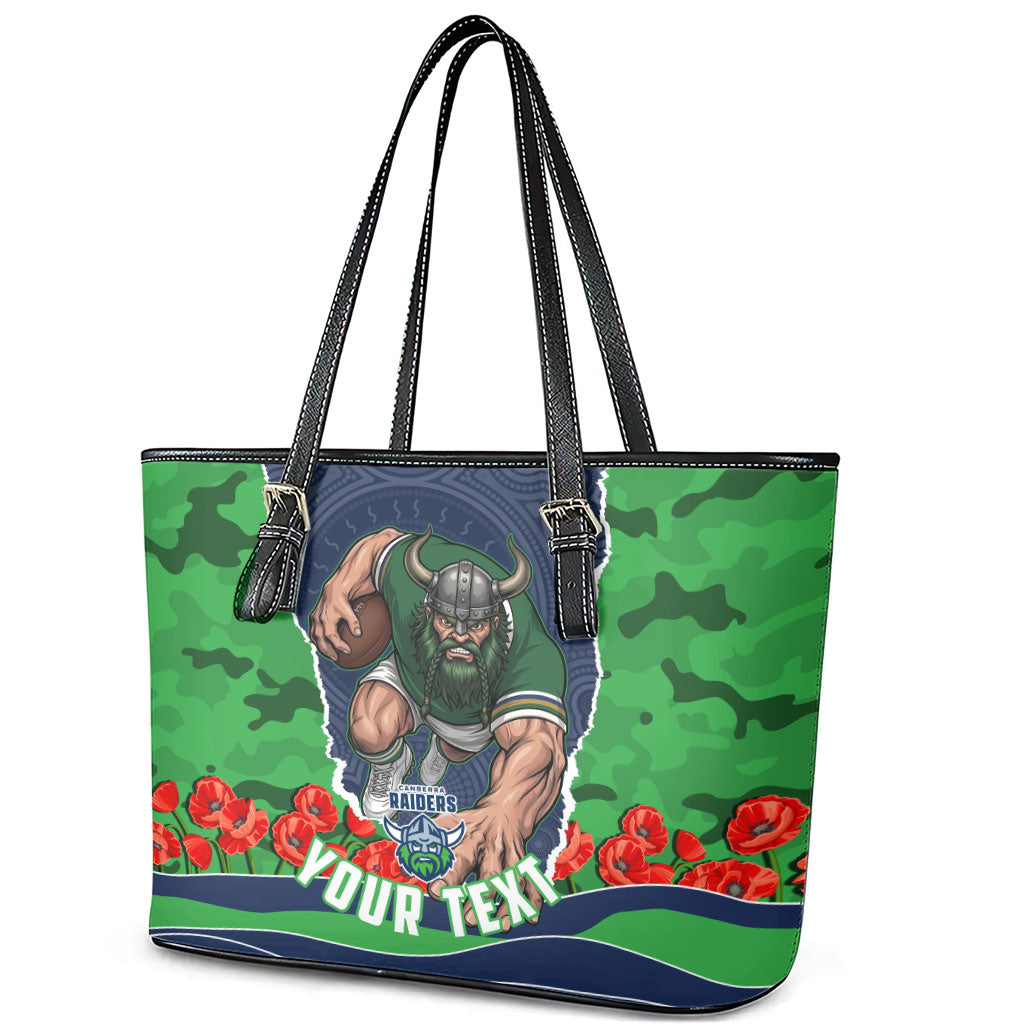 Personalized Canberra Raiders ANZAC Tribute Leather Tote Bag Poppy Field Soldier Silhouette Aboriginal Rugby Mascot