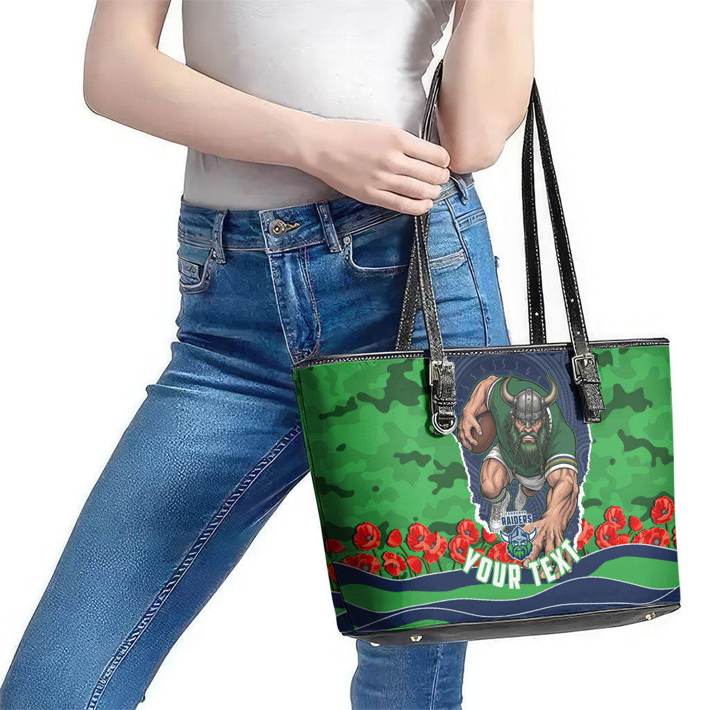 Personalized Canberra Raiders ANZAC Tribute Leather Tote Bag Poppy Field Soldier Silhouette Aboriginal Rugby Mascot