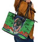 Personalized Canberra Raiders ANZAC Tribute Leather Tote Bag Poppy Field Soldier Silhouette Aboriginal Rugby Mascot