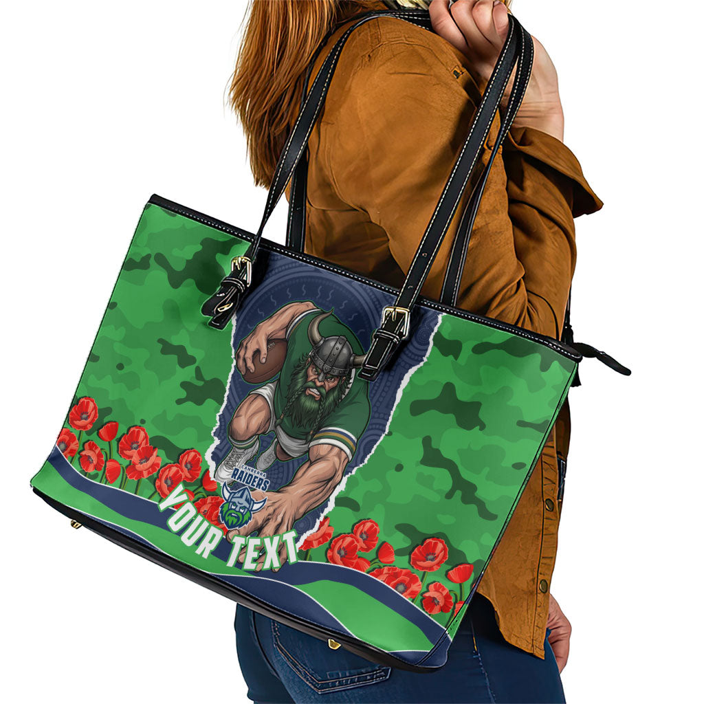 Personalized Canberra Raiders ANZAC Tribute Leather Tote Bag Poppy Field Soldier Silhouette Aboriginal Rugby Mascot