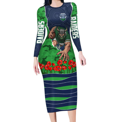 Personalized Canberra Raiders ANZAC Tribute Long Sleeve Bodycon Dress Poppy Field Soldier Silhouette Aboriginal Rugby Mascot